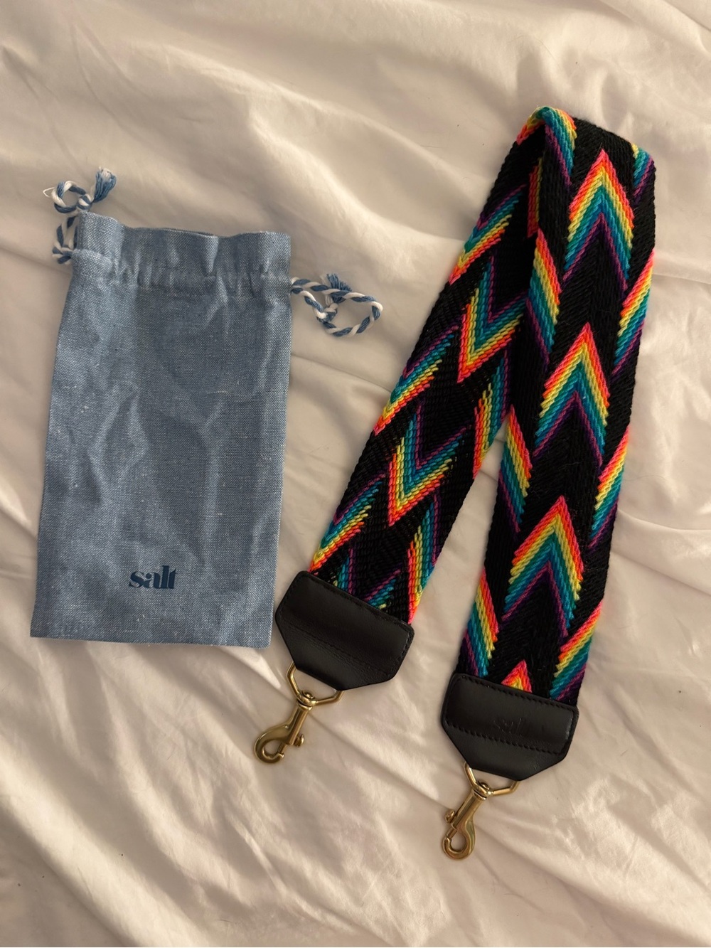SALT shoulder crossbody bag camera strap black LOVE rainbow